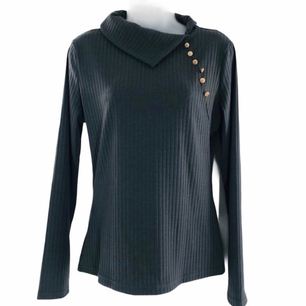 CHARCOAL RIBBED KNIT TURN DOWN COLLAR TOP /L
